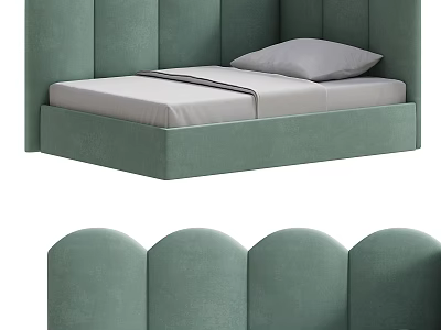 Green Upholstered Kids Bed With Curved Headboard Soft Mattress And Pillow 3d model