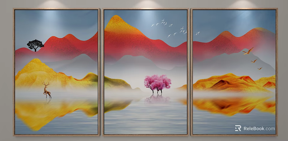 Triple Panel Landscape Painting With Red Yellow Mountains Pink Tree Water Reflection And Flying Birds 3d model 