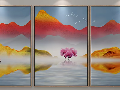 Triple Panel Landscape Painting With Red Yellow Mountains Pink Tree Water Reflection And Flying Birds 3d model