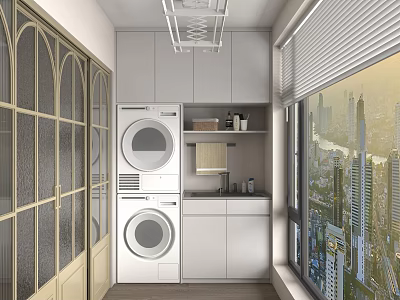 Home Balcony With Washing Machine Dryer Storage Cabinets Large Windows And City View 3d model