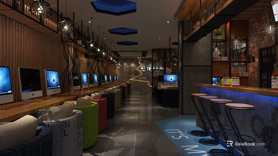 Modern Internet Cafe Interior With Computers Comfortable Seats And Bar Counter 3d model