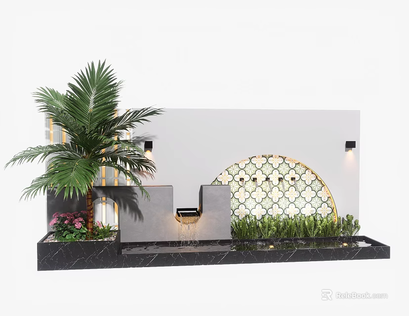 Modern Garden Wall Design With Lattice Pattern Palm Tree And Water Fountain 3d model 
