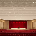 Elegant Conference Room With Red Seats Stage Red Curtains Piano And Ceiling Lighting