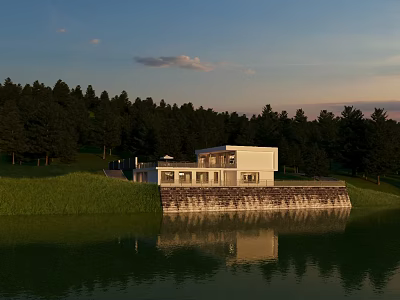 White Detached Villa Lakeside With Green Grass Trees Sunset Sky And Lake Reflection 3d model