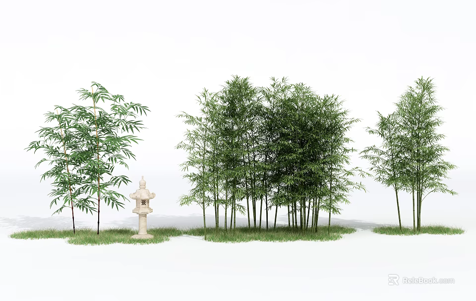 Tall Green Bamboo Plants Create Lush Natural Landscape With Stone Lantern and Grass 3d model 