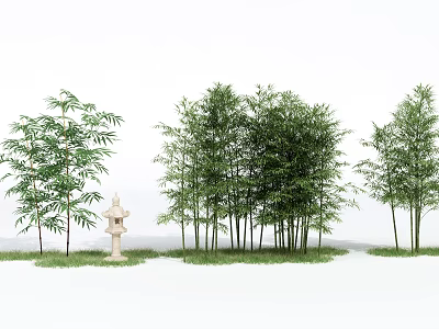 Tall Green Bamboo Plants Create Lush Natural Landscape With Stone Lantern and Grass 3d model