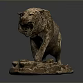 Detailed Roaring Bronze Tiger Sculpture with Striding Pose Textured Surface and Rock Base