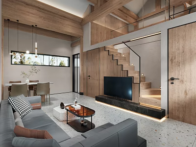 Modern Living And Dining Room Interior Design With Wooden Elements Grey Sofa And Dining Chairs 3d model