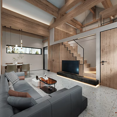 Modern Living And Dining Room Interior Design With Wooden Elements Grey Sofa And Dining Chairs 3d model