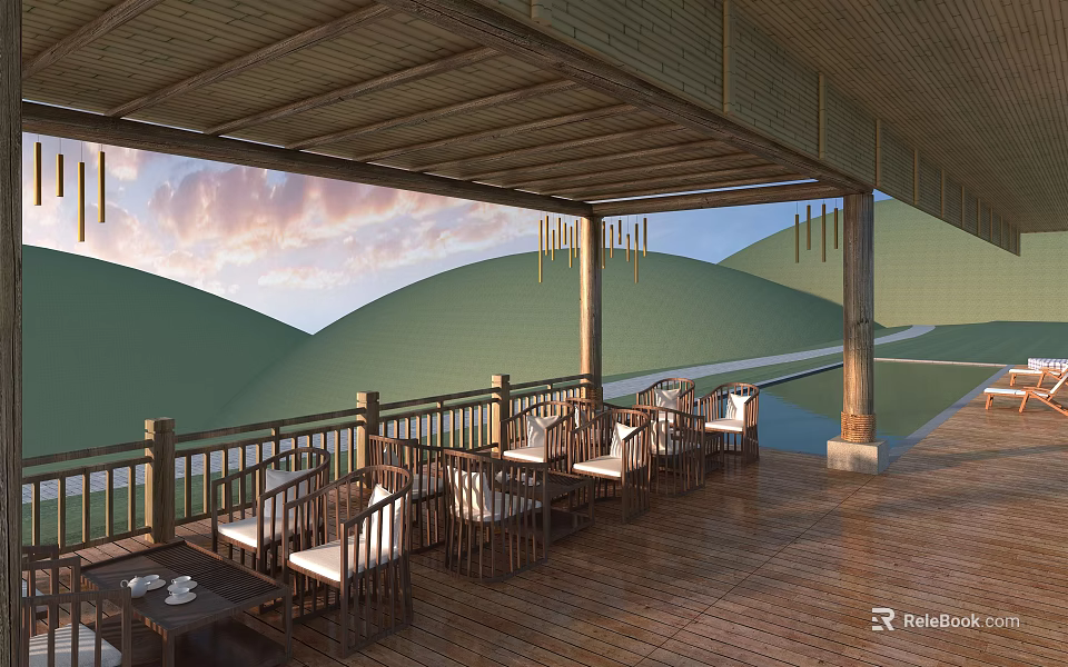 Wooden Pergola With Roof Railings And Outdoor Seating Overlooking Natural Hills 3d model 