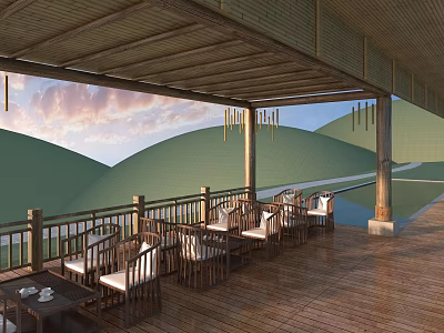 Wooden Pergola With Roof Railings And Outdoor Seating Overlooking Natural Hills 3d model