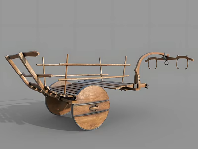 Rustic Vintage Wooden Handcart With Spoked Wheels And Metal Hooks Details 3d model