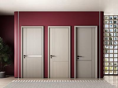 Three Light Gray Hinged Doors In Maroon Wall Room With Green Plant And Grid Window 3d model