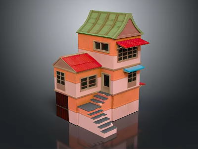 Cartoon Scene House With Green And Red Roofs Orange Walls Windows Stairs And Awnings 3d model