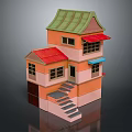 Cartoon Scene House With Green And Red Roofs Orange Walls Windows Stairs And Awnings