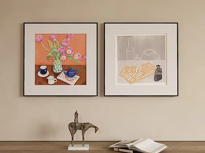 Two Abstract Decorative Paintings Featuring Pink Tulips Vase Teacups And Line Art Bottle Bread Jar 3d model
