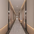 Modern Hotel Corridor With Light Beige Walls Room Numbers Marble Floor And Recessed Lighting