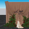 Elegant Photo Spot With Brown Curtains Lage Sign White Dress Green Plants And Red Berries