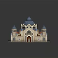 Cartoon Scene Castle Building With Blue Dome Red Roof Towers And Arched Windows
