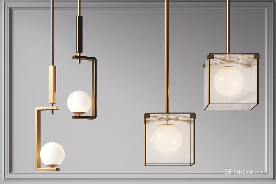 Modern Pendant Lights With Metal Frames Glass Shades And Spherical Bulbs 3d model 