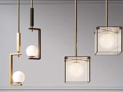 Modern Pendant Lights With Metal Frames Glass Shades And Spherical Bulbs 3d model