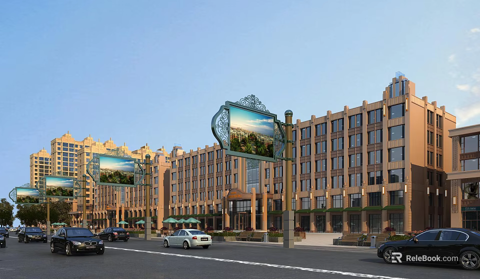 Scenic Commercial Street With Multi Story Buildings Decorative Billboards And Passing Vehicles 3d model 
