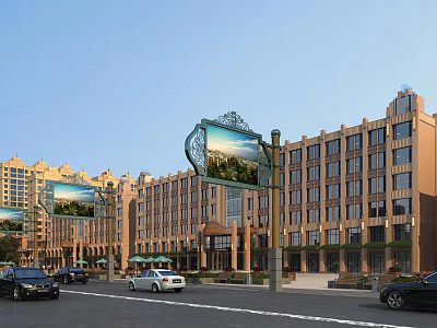 Scenic Commercial Street With Multi Story Buildings Decorative Billboards And Passing Vehicles 3d model