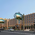 Scenic Commercial Street With Multi Story Buildings Decorative Billboards And Passing Vehicles