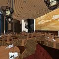 Wooden Restaurant Interior Design With Warm Lighting Dining Tables And Decorative Screens