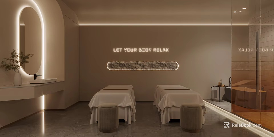 Minimalist SPA Sauna Room with Treatment Beds Soft Lighting and Body Relaxation 3d model 