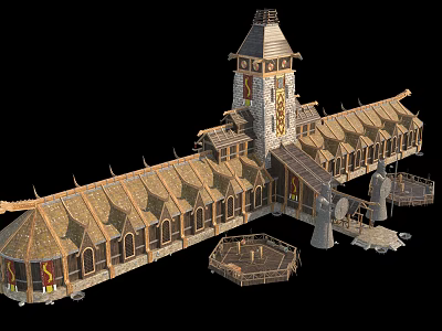 Traditional Wooden House With Tower Gabled Roofs And Detailed Wooden Structure 3d model