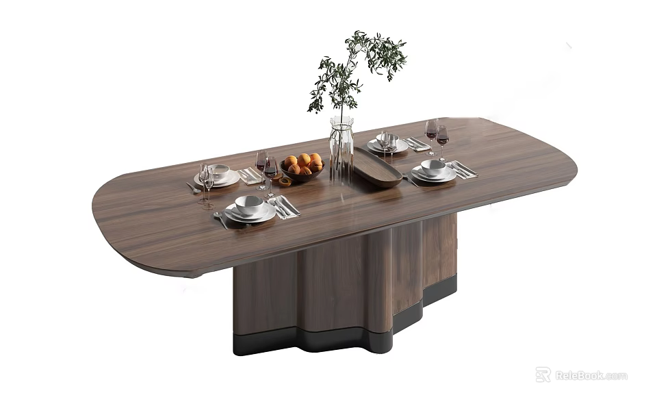 Modern Wooden Oval Dining Table With Tableware Fruit Plate Green Plant Vase And Wine Glasses 3d model 