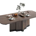 Modern Wooden Oval Dining Table With Tableware Fruit Plate Green Plant Vase And Wine Glasses