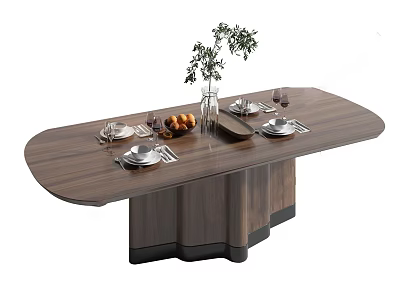 Modern Wooden Oval Dining Table With Tableware Fruit Plate Green Plant Vase And Wine Glasses 3d model