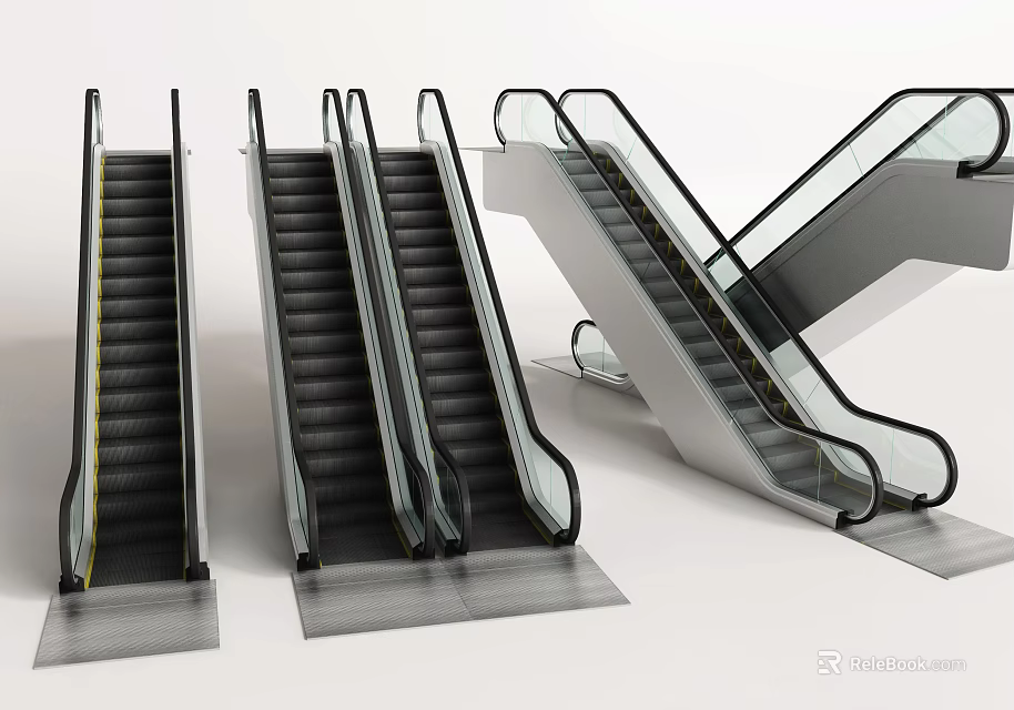 Modern Escalators With Black Steps Transparent Side Panels And Metal Handrails 3d model 