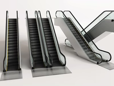 Modern Escalators With Black Steps Transparent Side Panels And Metal Handrails 3d model