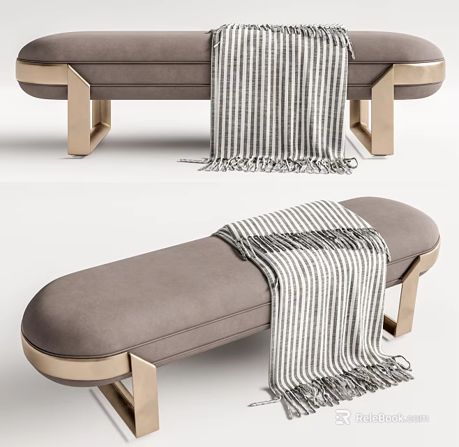 Gray Upholstered Ottoman With Gold Metal Legs And Striped Throw Blanket 3d model 