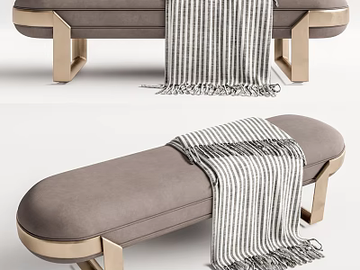 Gray Upholstered Ottoman With Gold Metal Legs And Striped Throw Blanket 3d model