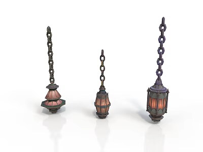 Three Ornate Vintage Pendant Lamps With Hanging Chains And Diverse Shapes 3d model