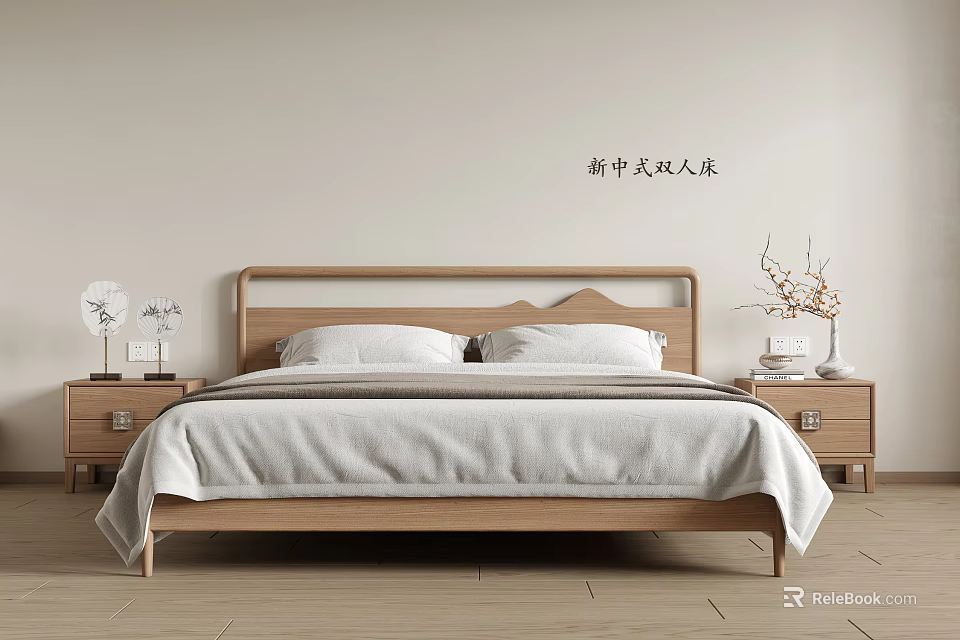 New Chinese Style Bedroom Interior With Wooden Double Bed Bedside Tables And Decorative Items 3d model 