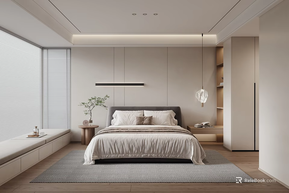 Modern Bedroom Interior Design With Gray Headboard Nightstand Plant Window Blinds And Area Rug 3d model 