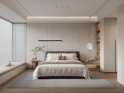 Modern Bedroom Interior Design With Gray Headboard Nightstand Plant Window Blinds And Area Rug 3d model