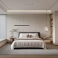 Modern Bedroom Interior Design With Gray Headboard Nightstand Plant Window Blinds And Area Rug