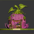 Tiny Elf Character By Whimsical Pink Mushroom House With Green Leaves And Grass Path