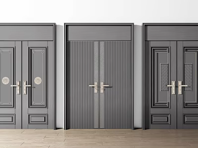 Dark Colored Double Doors With Various Decorative Designs And Metal Handles 3d model