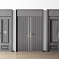 Dark Colored Double Doors With Various Decorative Designs And Metal Handles