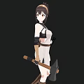Anime Style Woman In White Dress With Brown Boots Headband And Belt Holding Axe