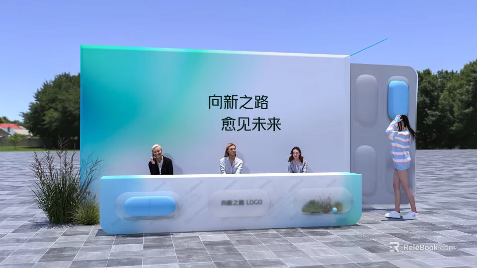 People Signing In at Check-in Desk with New Path Better Future Backdrop 3d model 