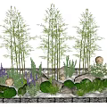 Garden Plant Combination With Bamboo Purple Flowers Green Grass Stones And Glowing Lights