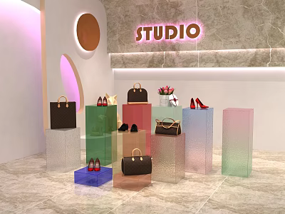 Studio Display With Colorful Transparent Pillars Showcasing Bags Shoes Marble Wall And Floor 3d model